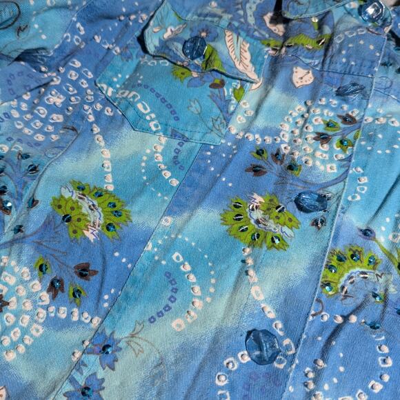 Vtg 1990s Keren Hart Blue Green Floral Print Beaded Button Up Cotton Jacket M - Picture 3 of 4